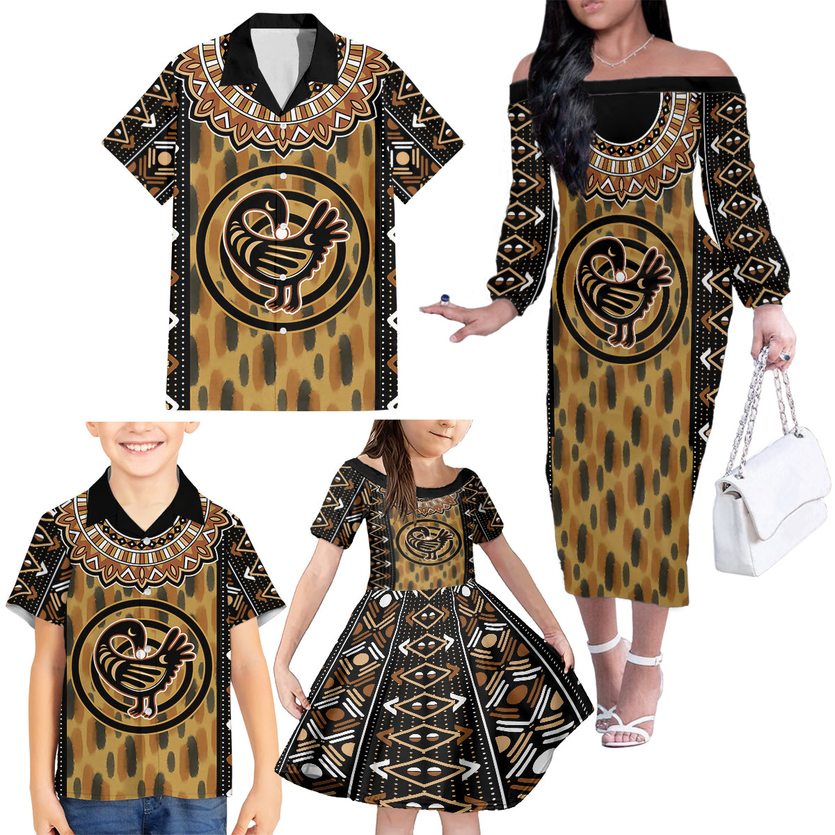 Printed Mud Cloth and Adinkra Symbol Family Matching Off Shoulder Long Sleeve Dress and Hawaiian Shirt - Wonder Print Shop
