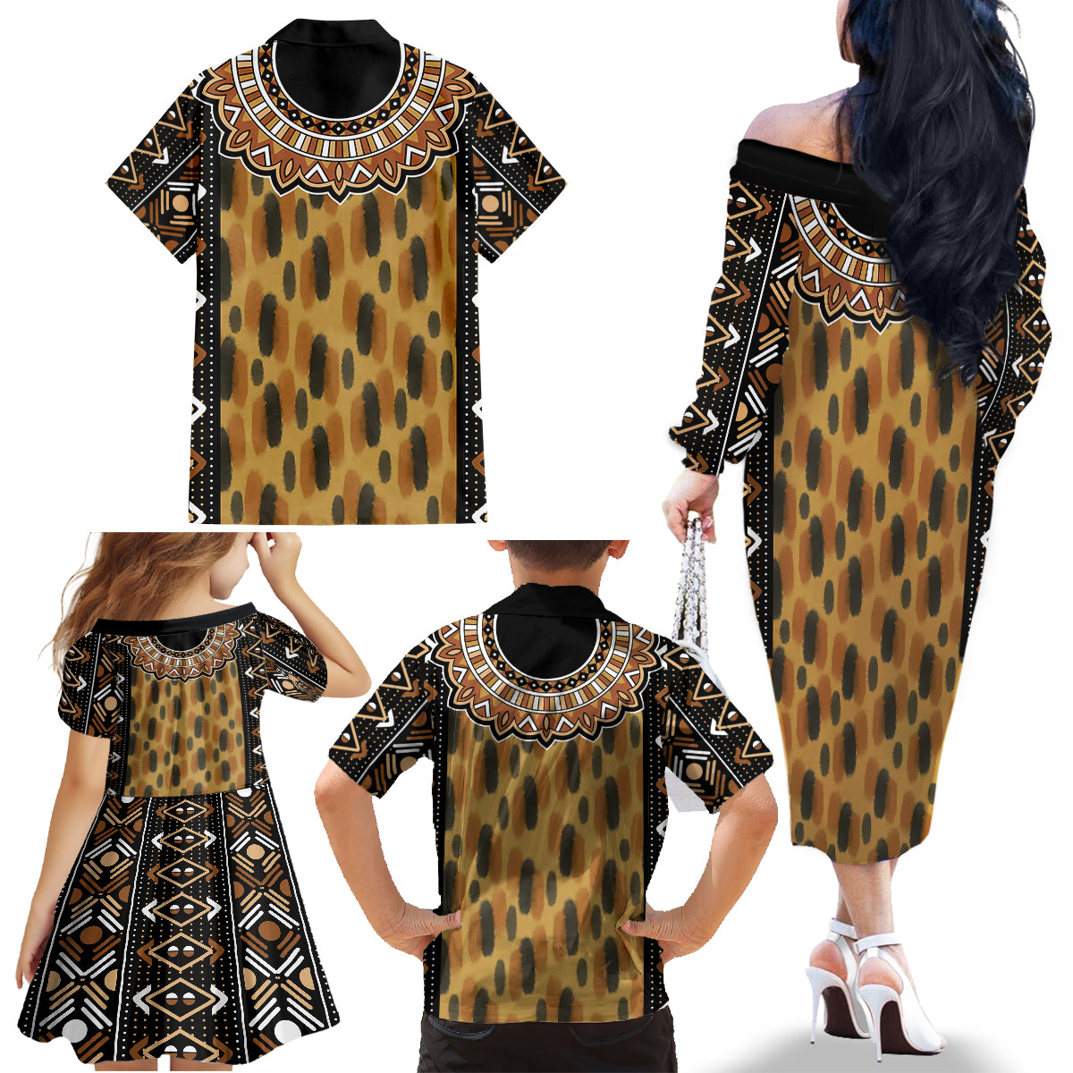 Printed Mud Cloth and Adinkra Symbol Family Matching Off Shoulder Long Sleeve Dress and Hawaiian Shirt - Wonder Print Shop