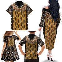 Printed Mud Cloth and Adinkra Symbol Family Matching Off Shoulder Long Sleeve Dress and Hawaiian Shirt - Wonder Print Shop