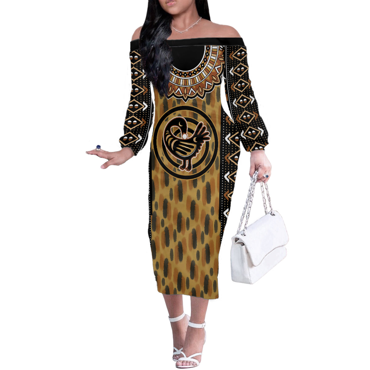 Printed Mud Cloth and Adinkra Symbol Family Matching Off Shoulder Long Sleeve Dress and Hawaiian Shirt - Wonder Print Shop