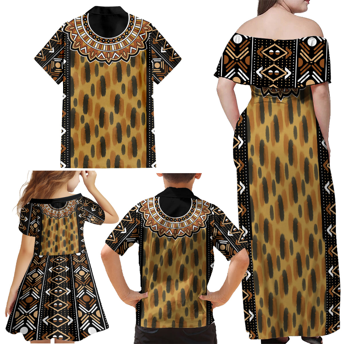 Printed Mud Cloth and Adinkra Symbol Family Matching Off Shoulder Maxi Dress and Hawaiian Shirt - Wonder Print Shop