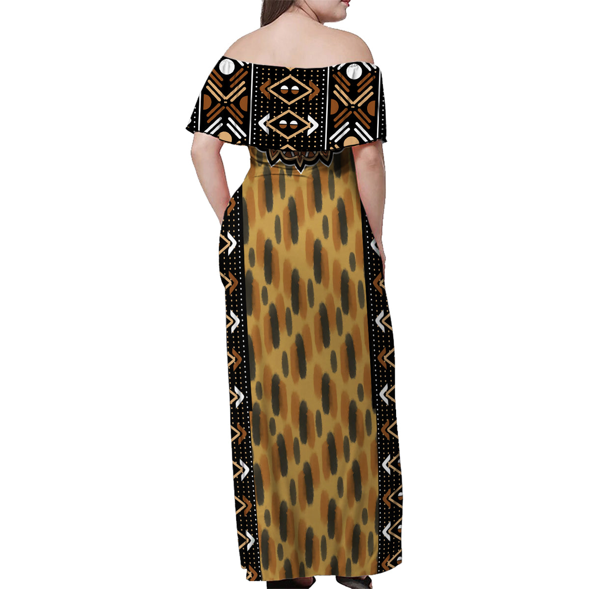 Printed Mud Cloth and Adinkra Symbol Family Matching Off Shoulder Maxi Dress and Hawaiian Shirt - Wonder Print Shop
