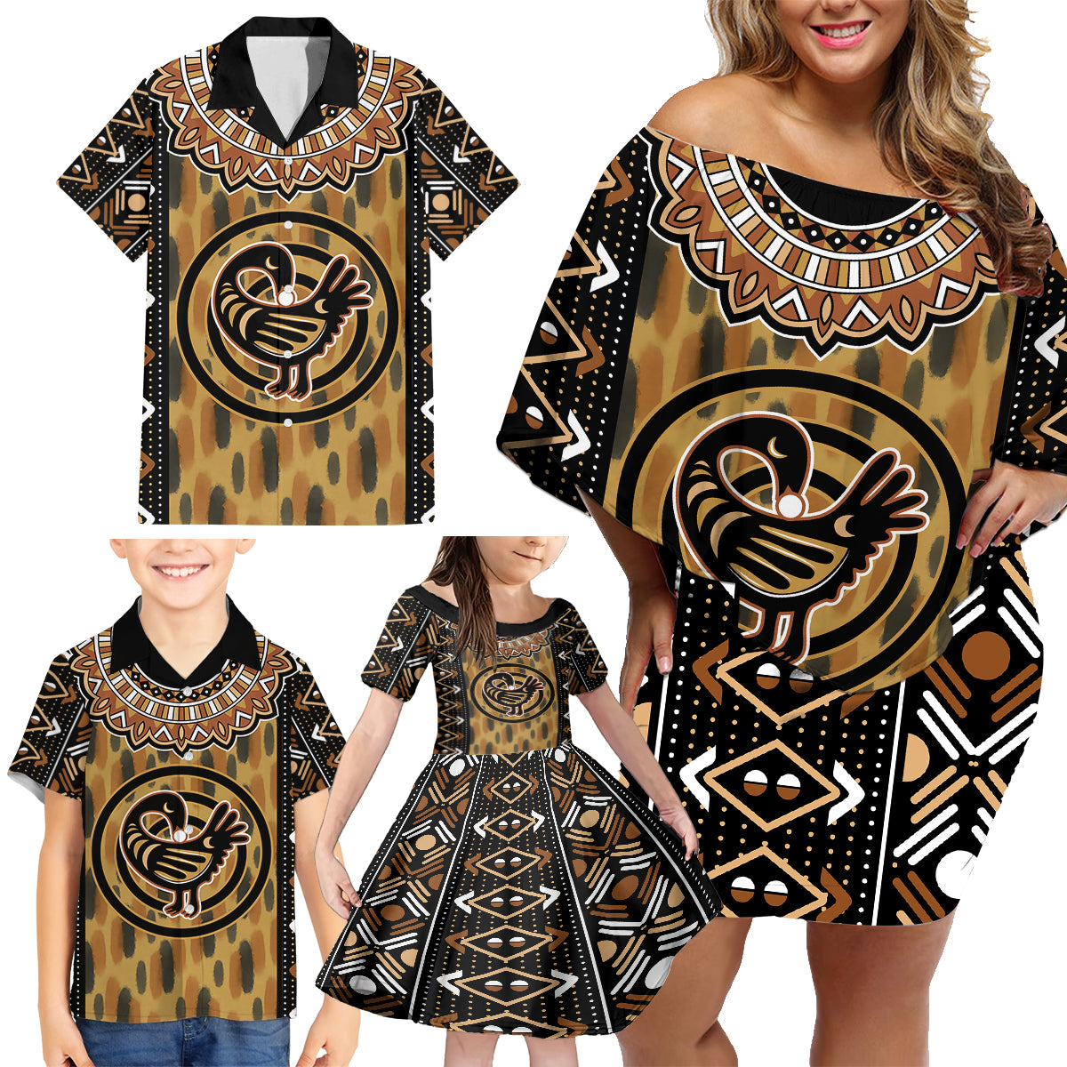 Printed Mud Cloth and Adinkra Symbol Family Matching Off Shoulder Short Dress and Hawaiian Shirt - Wonder Print Shop
