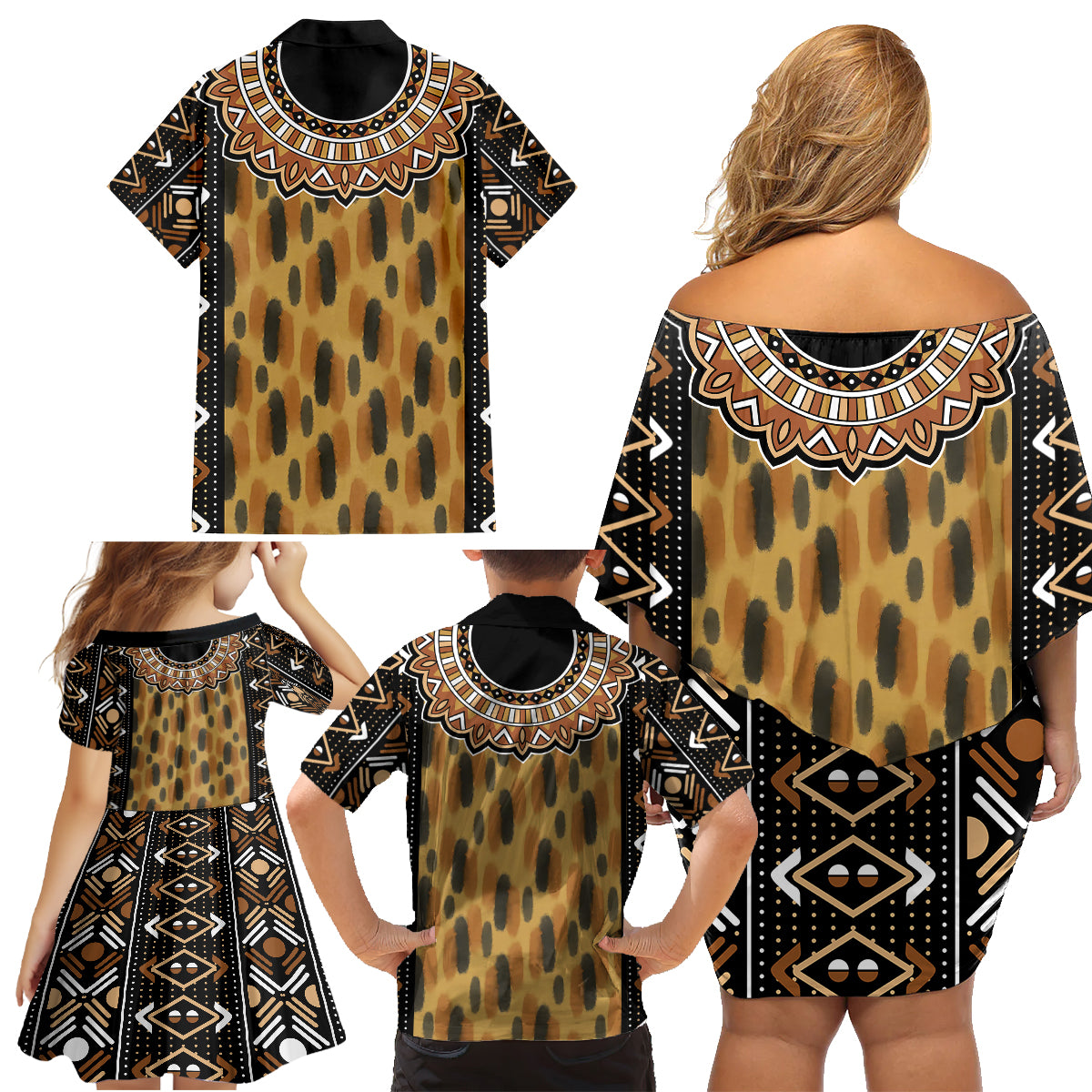 Printed Mud Cloth and Adinkra Symbol Family Matching Off Shoulder Short Dress and Hawaiian Shirt - Wonder Print Shop