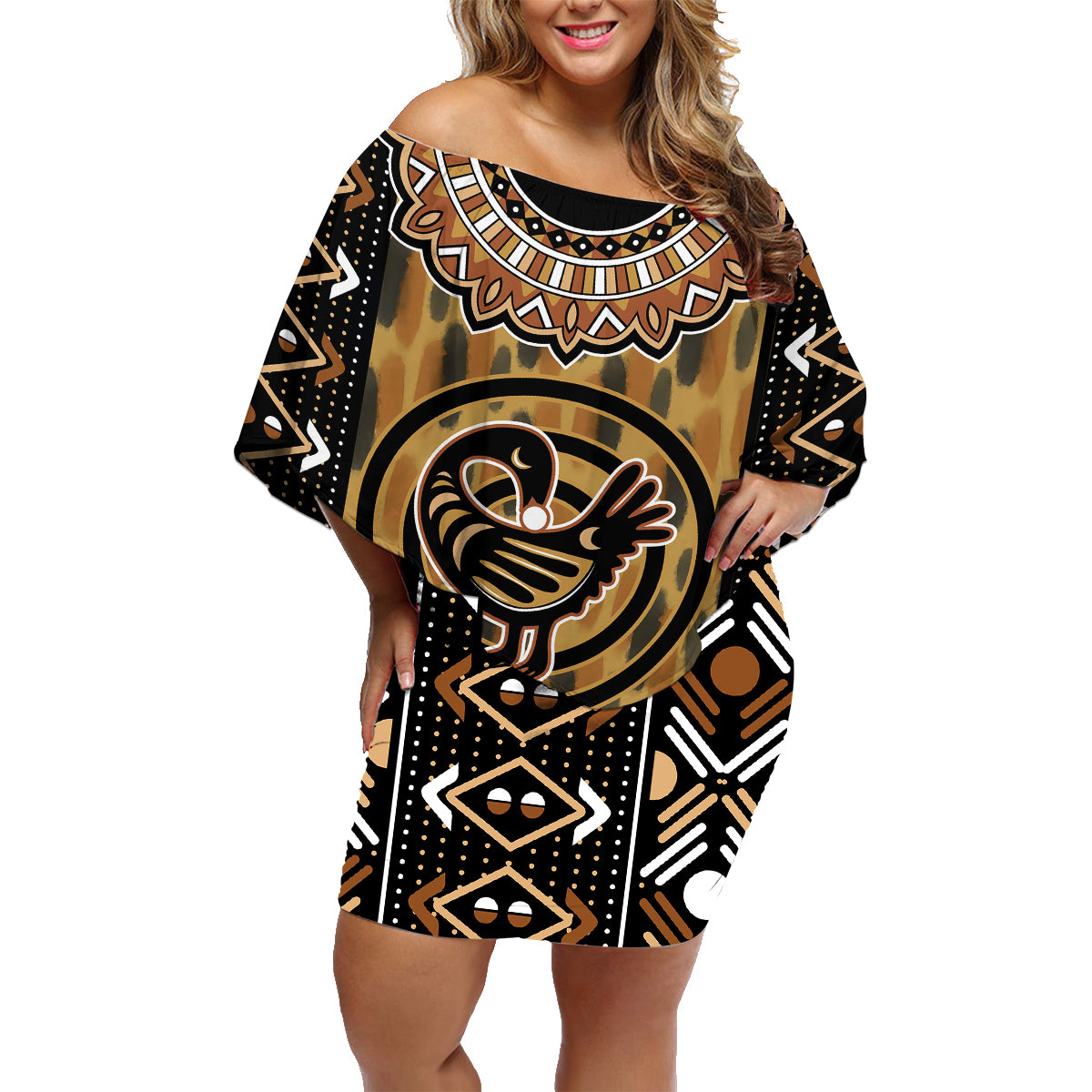 Printed Mud Cloth and Adinkra Symbol Family Matching Off Shoulder Short Dress and Hawaiian Shirt - Wonder Print Shop