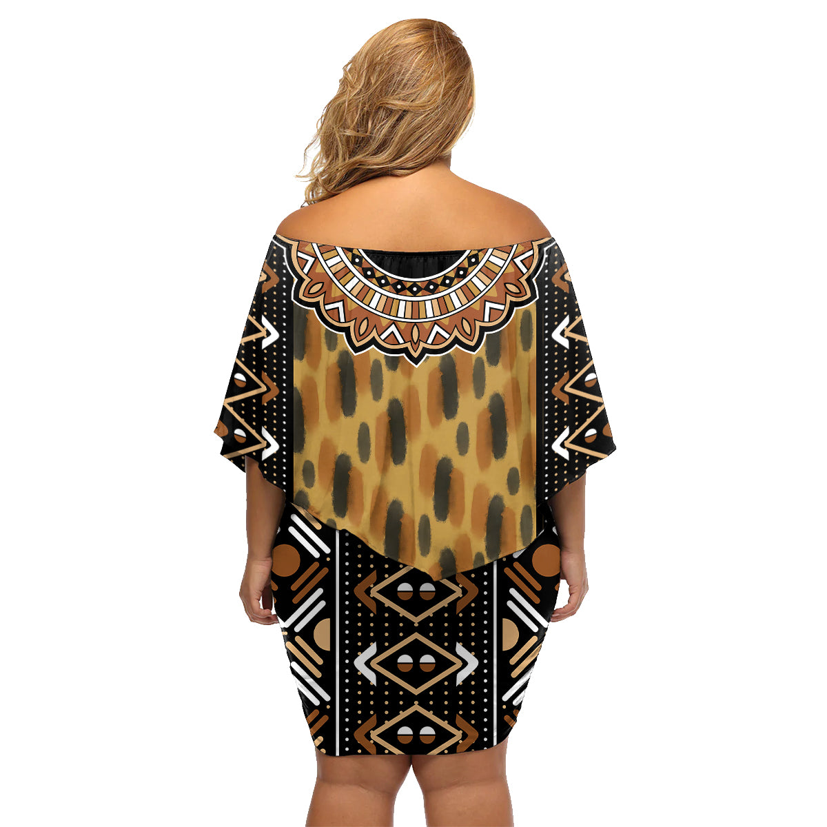 Printed Mud Cloth and Adinkra Symbol Family Matching Off Shoulder Short Dress and Hawaiian Shirt - Wonder Print Shop