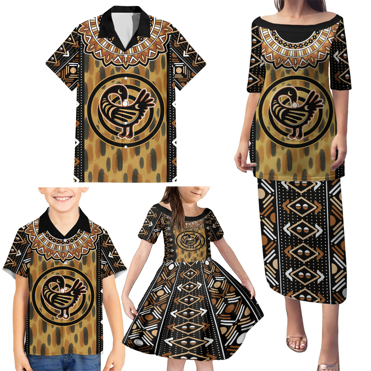 Printed Mud Cloth and Adinkra Symbol Family Matching Puletasi Dress and Hawaiian Shirt - Wonder Print Shop