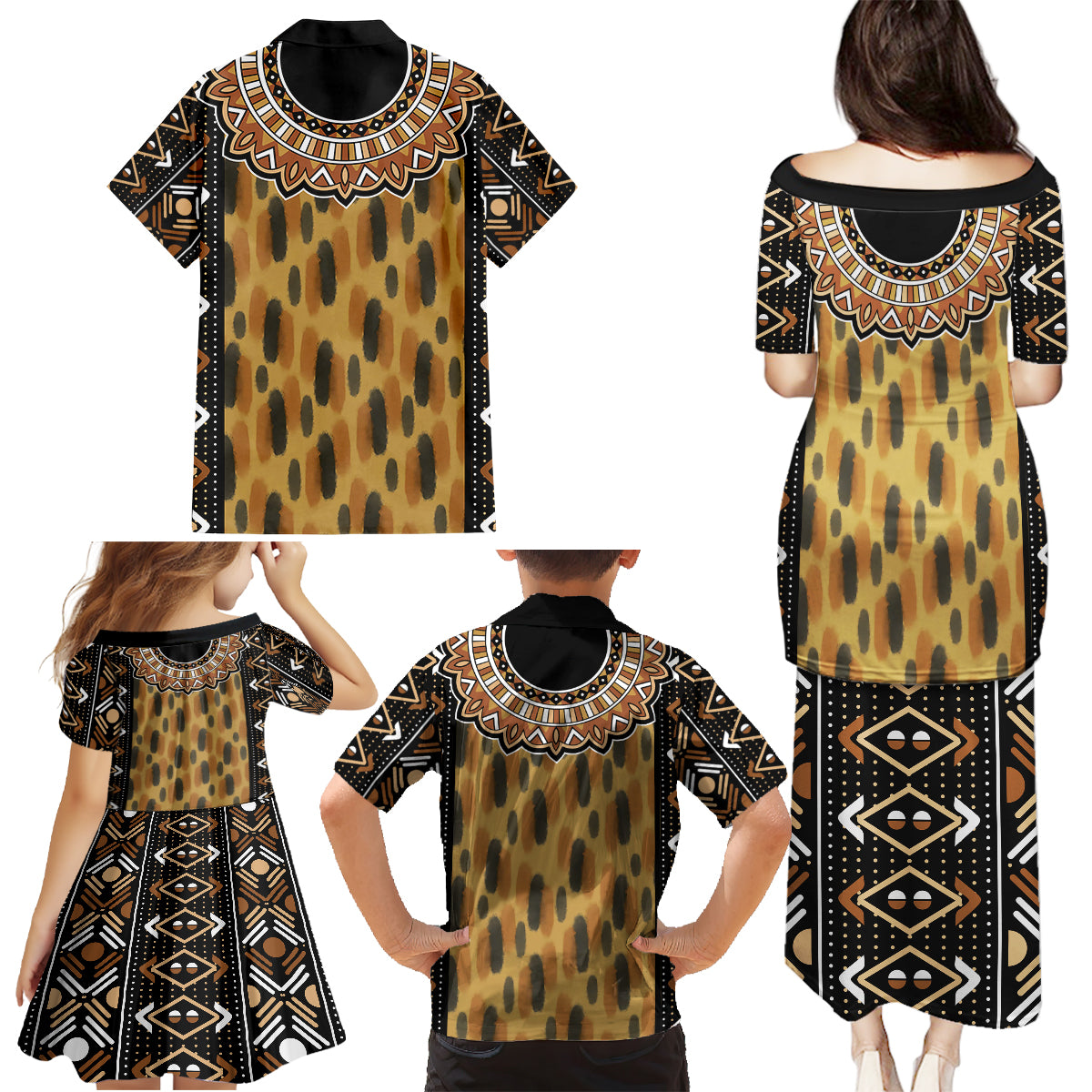 Printed Mud Cloth and Adinkra Symbol Family Matching Puletasi Dress and Hawaiian Shirt - Wonder Print Shop