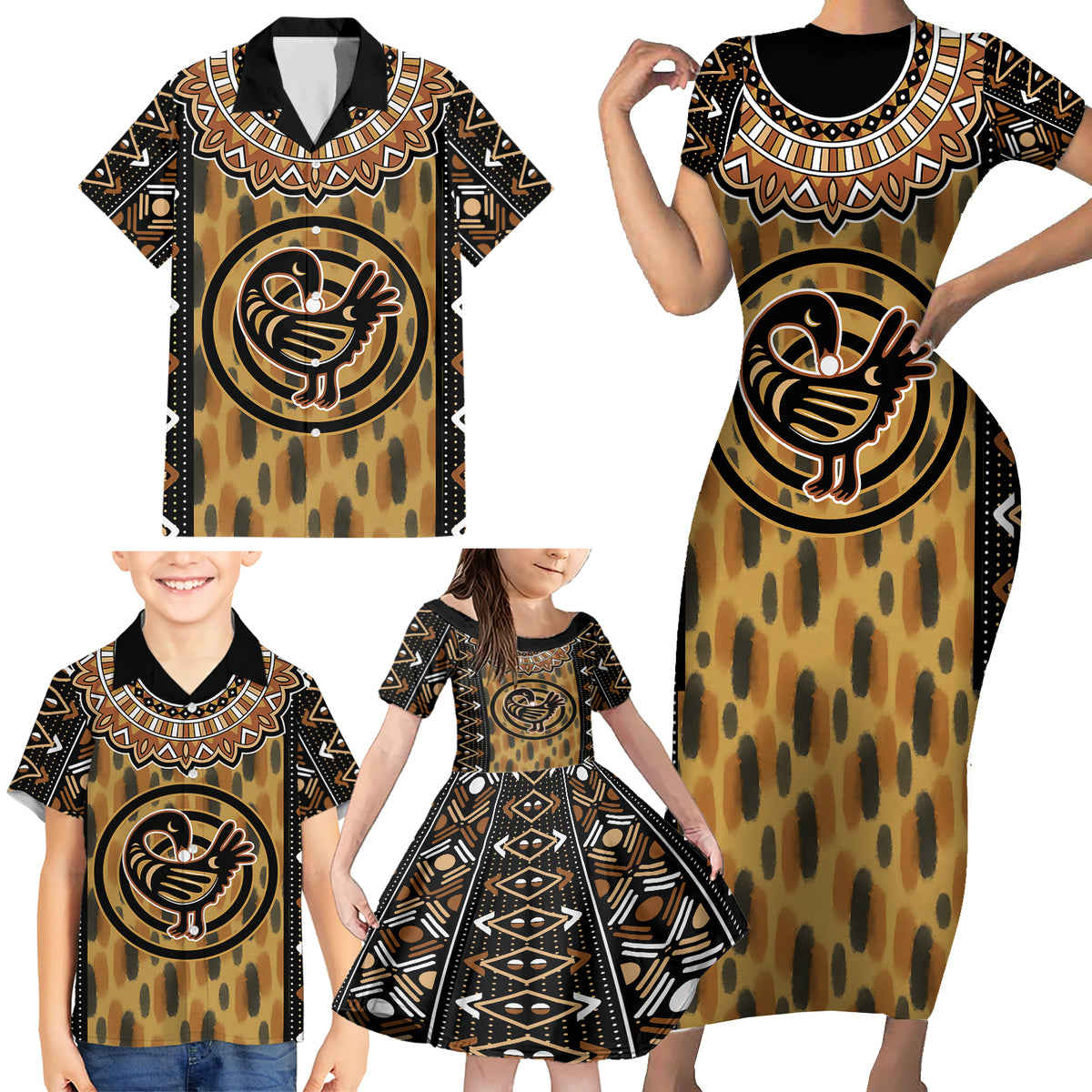 Printed Mud Cloth and Adinkra Symbol Family Matching Short Sleeve Bodycon Dress and Hawaiian Shirt - Wonder Print Shop