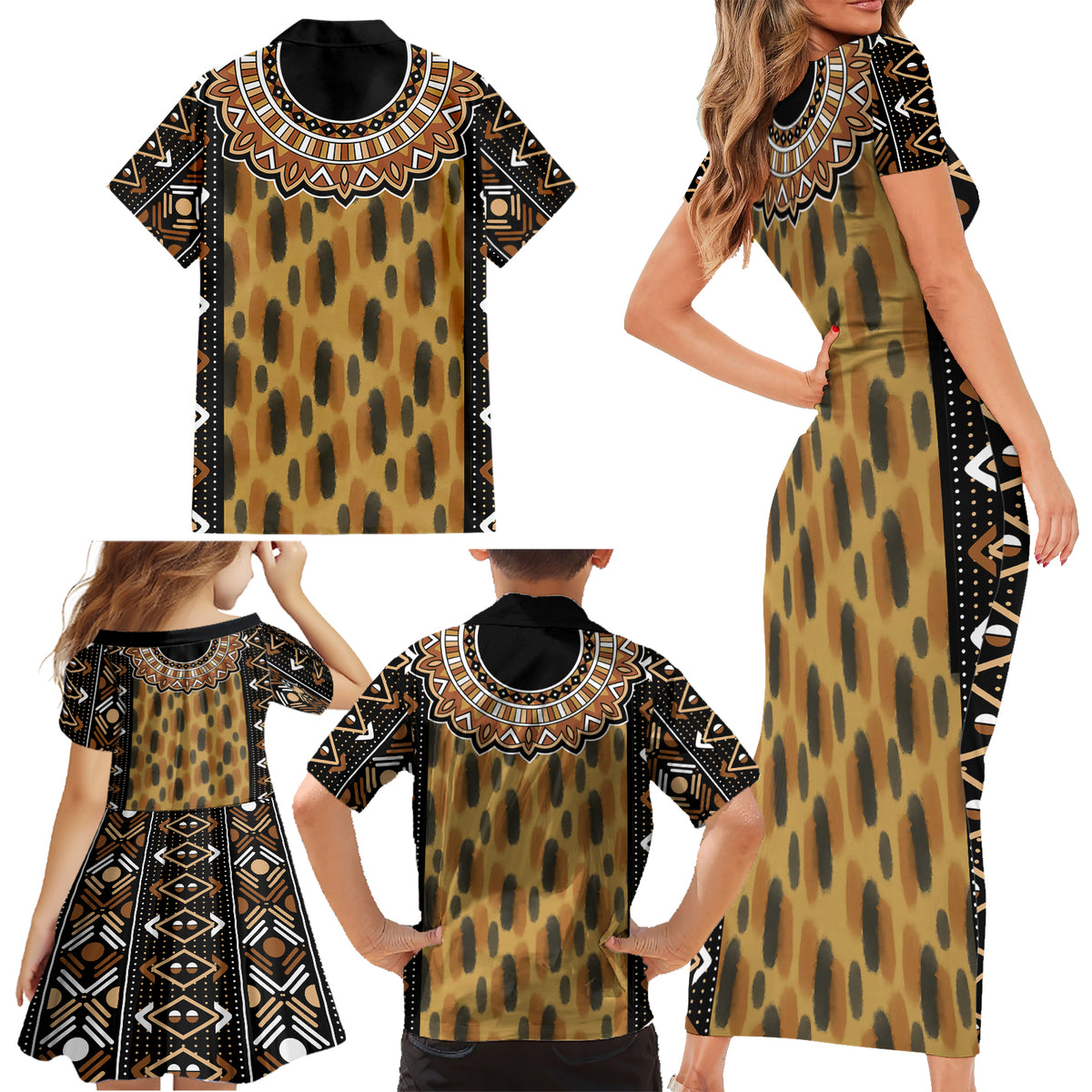 Printed Mud Cloth and Adinkra Symbol Family Matching Short Sleeve Bodycon Dress and Hawaiian Shirt - Wonder Print Shop
