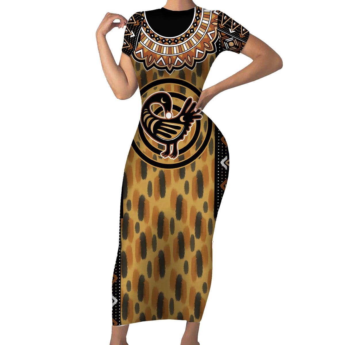 Printed Mud Cloth and Adinkra Symbol Family Matching Short Sleeve Bodycon Dress and Hawaiian Shirt - Wonder Print Shop