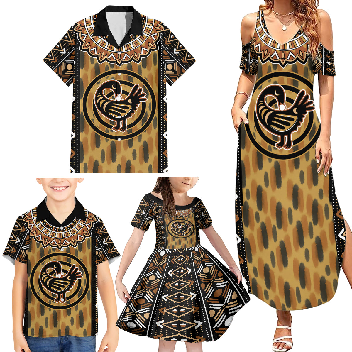 Printed Mud Cloth and Adinkra Symbol Family Matching Summer Maxi Dress and Hawaiian Shirt - Wonder Print Shop