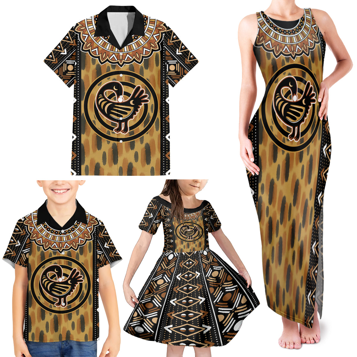 Printed Mud Cloth and Adinkra Symbol Family Matching Tank Maxi Dress and Hawaiian Shirt - Wonder Print Shop