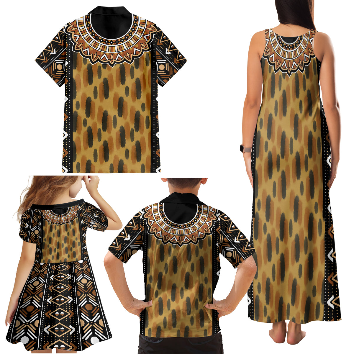 Printed Mud Cloth and Adinkra Symbol Family Matching Tank Maxi Dress and Hawaiian Shirt - Wonder Print Shop