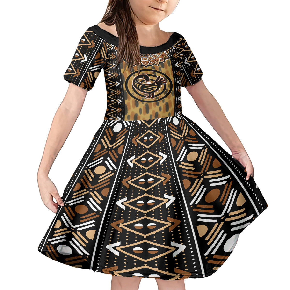 Printed Mud Cloth and Adinkra Symbol Kid Short Sleeve Dress - Wonder Print Shop