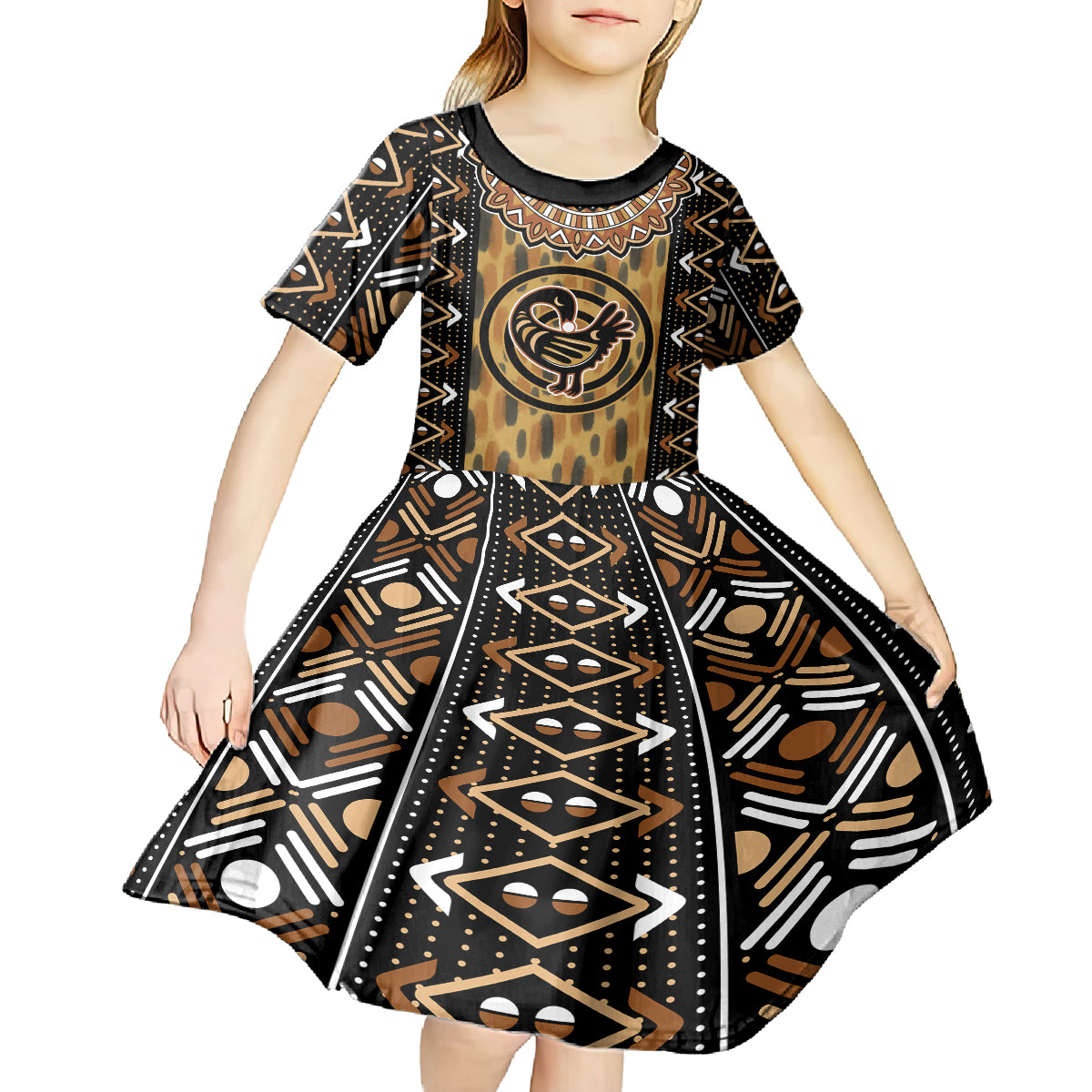 Printed Mud Cloth and Adinkra Symbol Kid Short Sleeve Dress - Wonder Print Shop