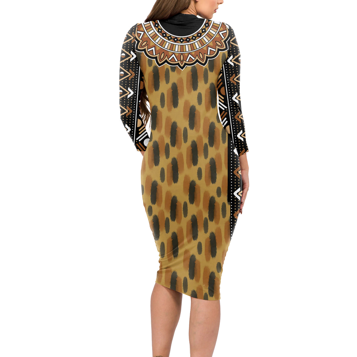 Printed Mud Cloth and Adinkra Symbol Long Sleeve Bodycon Dress - Wonder Print Shop