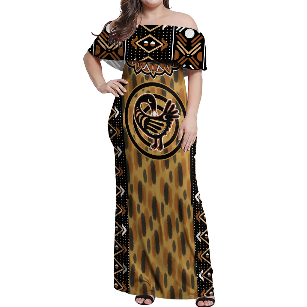 Printed Mud Cloth and Adinkra Symbol Off Shoulder Maxi Dress - Wonder Print Shop