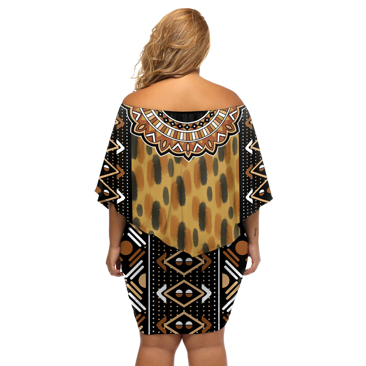 Printed Mud Cloth and Adinkra Symbol Off Shoulder Short Dress - Wonder Print Shop