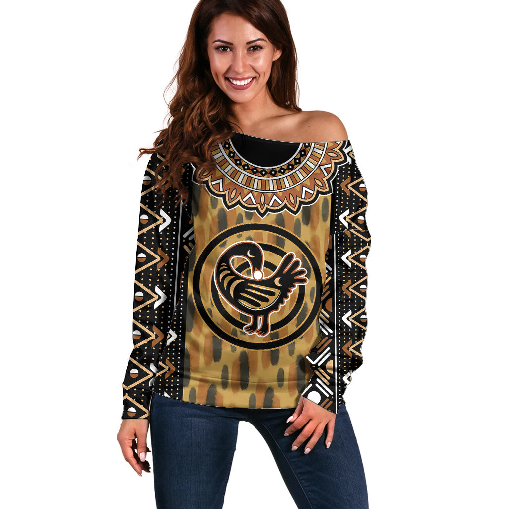Printed Mud Cloth and Adinkra Symbol Off Shoulder Sweater - Wonder Print Shop