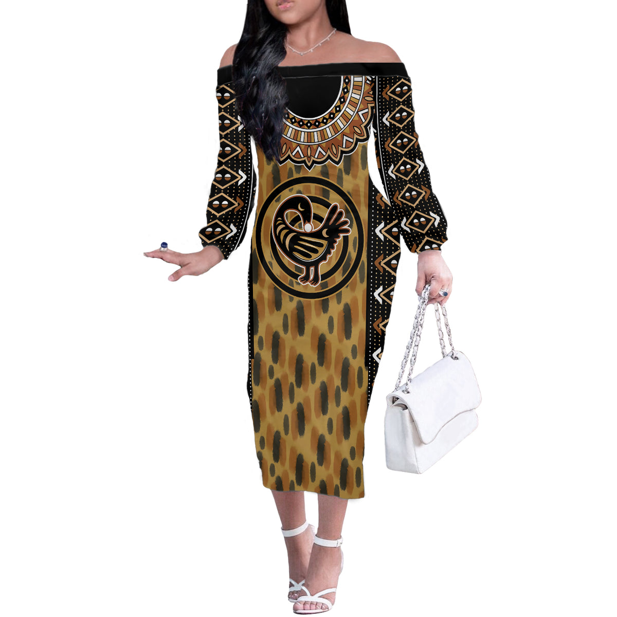 Printed Mud Cloth and Adinkra Symbol Off The Shoulder Long Sleeve Dress - Wonder Print Shop