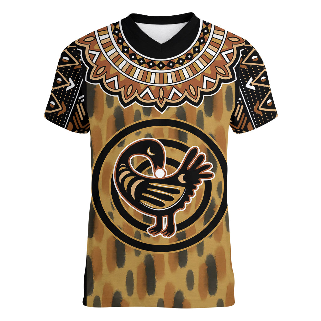 Printed Mud Cloth and Adinkra Symbol Women V Neck T Shirt - Wonder Print Shop