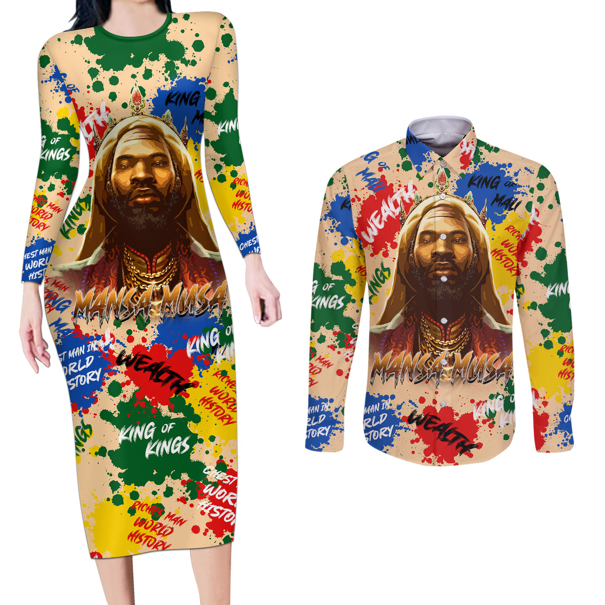 King Of Kings Mansa Musa Couples Matching Long Sleeve Bodycon Dress and Long Sleeve Button Shirts - Wonder Print Shop