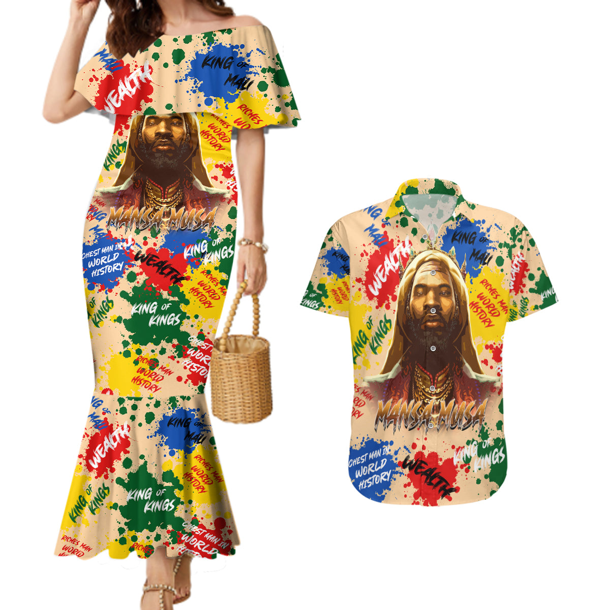 King Of Kings Mansa Musa Couples Matching Mermaid Dress and Hawaiian Shirt - Wonder Print Shop