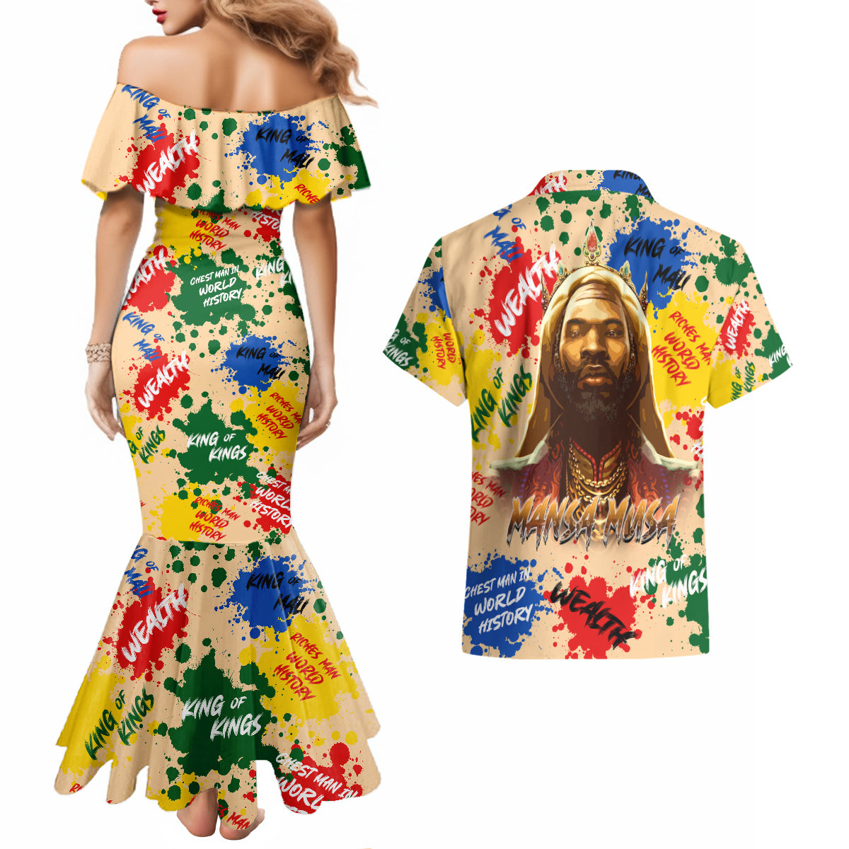 King Of Kings Mansa Musa Couples Matching Mermaid Dress and Hawaiian Shirt - Wonder Print Shop
