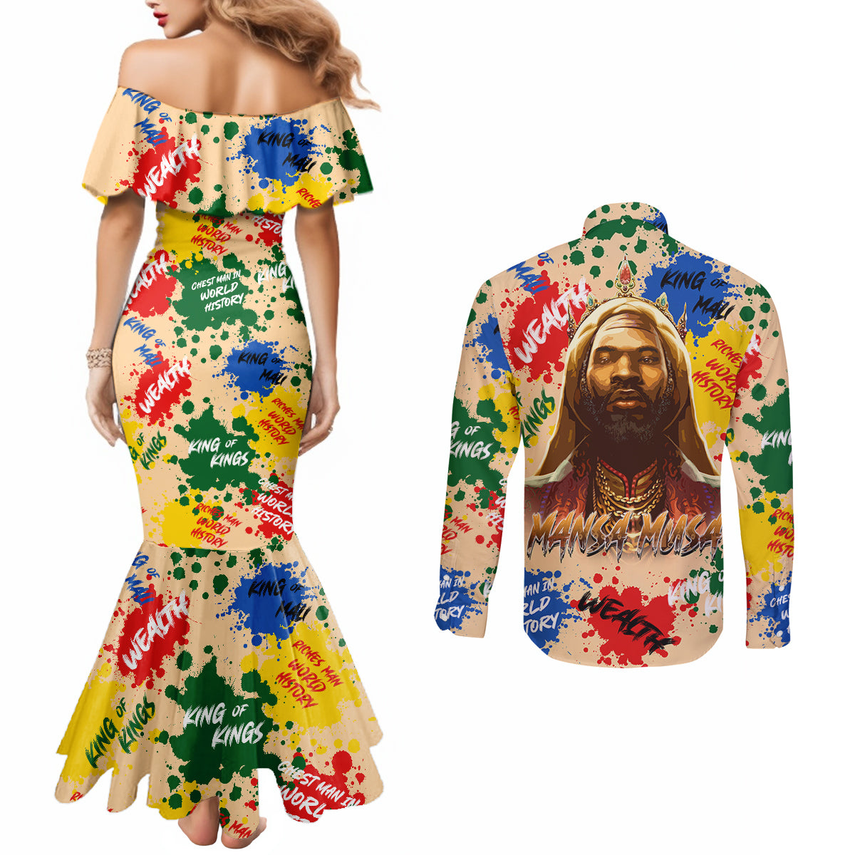 king-of-kings-mansa-musa-couples-matching-mermaid-dress-and-long-sleeve-button-shirts