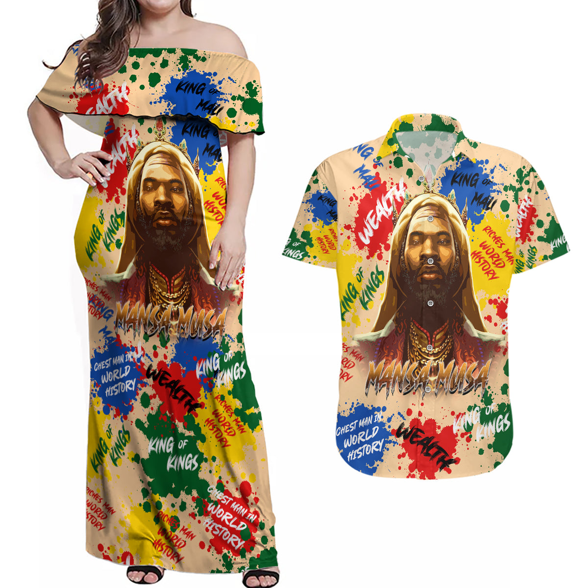 King Of Kings Mansa Musa Couples Matching Off Shoulder Maxi Dress and Hawaiian Shirt - Wonder Print Shop