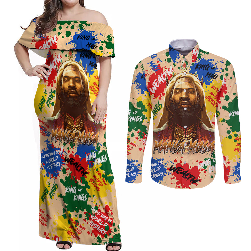 King Of Kings Mansa Musa Couples Matching Off Shoulder Maxi Dress and Long Sleeve Button Shirts - Wonder Print Shop