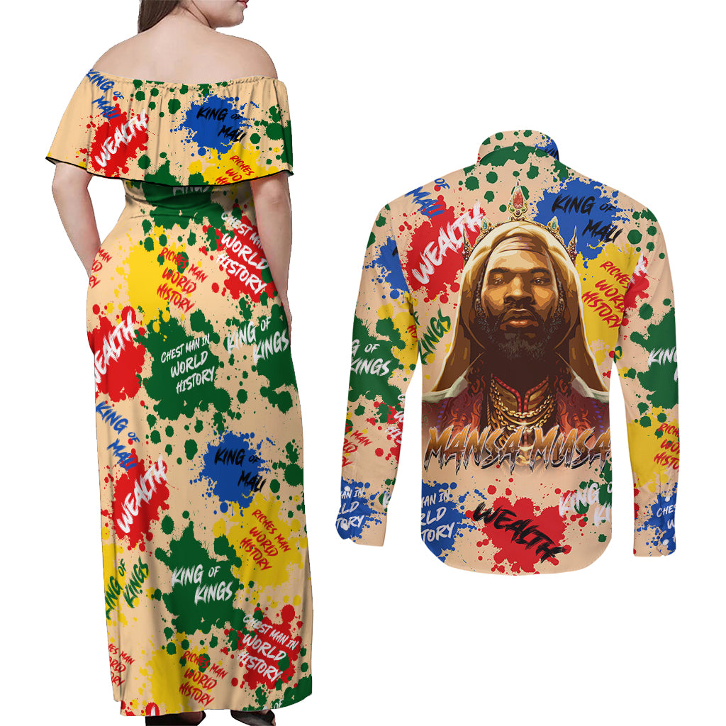 King Of Kings Mansa Musa Couples Matching Off Shoulder Maxi Dress and Long Sleeve Button Shirts - Wonder Print Shop