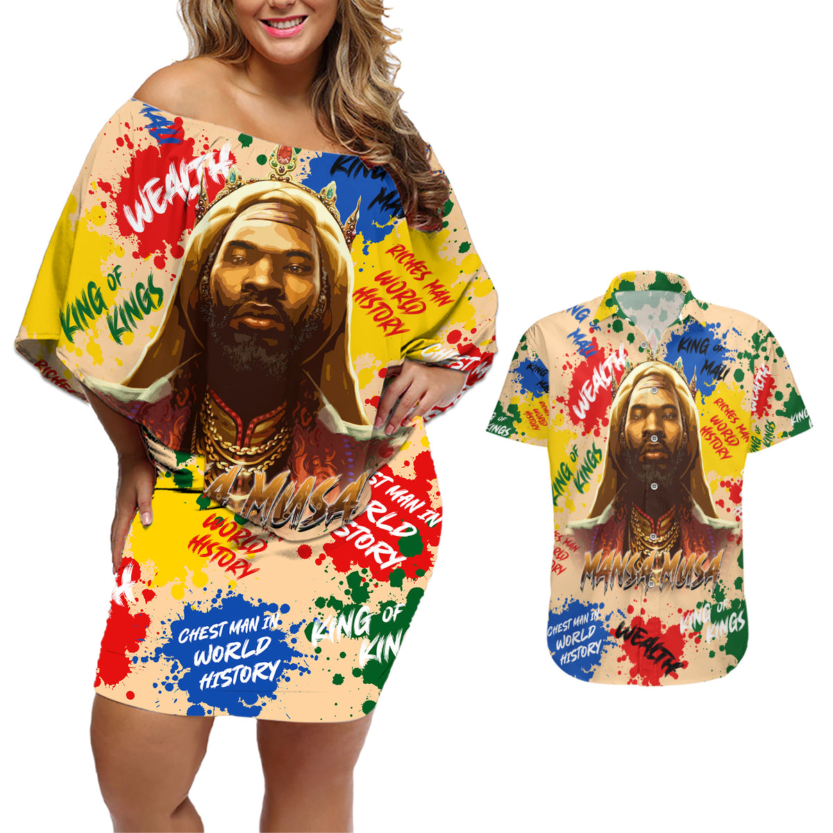 King Of Kings Mansa Musa Couples Matching Off Shoulder Short Dress and Hawaiian Shirt - Wonder Print Shop