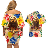 King Of Kings Mansa Musa Couples Matching Off Shoulder Short Dress and Hawaiian Shirt - Wonder Print Shop