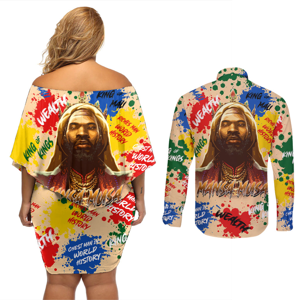 King Of Kings Mansa Musa Couples Matching Off Shoulder Short Dress and Long Sleeve Button Shirts - Wonder Print Shop