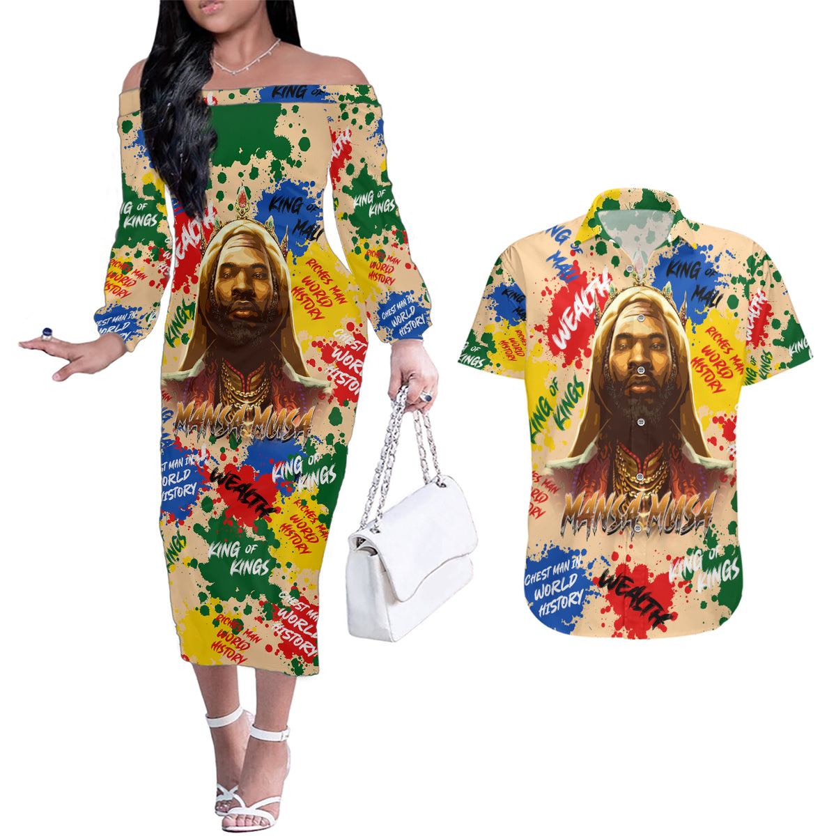 King Of Kings Mansa Musa Couples Matching Off The Shoulder Long Sleeve Dress and Hawaiian Shirt - Wonder Print Shop