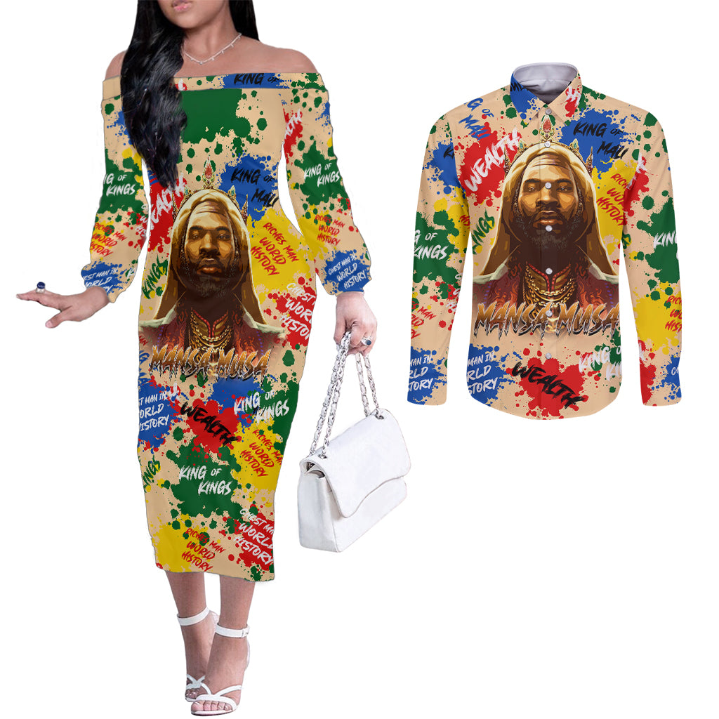 king-of-kings-mansa-musa-couples-matching-off-the-shoulder-long-sleeve-dress-and-long-sleeve-button-shirts