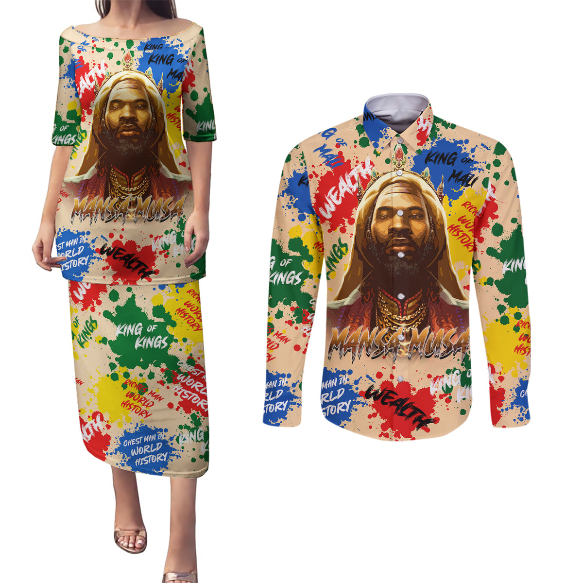 King Of Kings Mansa Musa Couples Matching Puletasi Dress and Long Sleeve Button Shirts - Wonder Print Shop