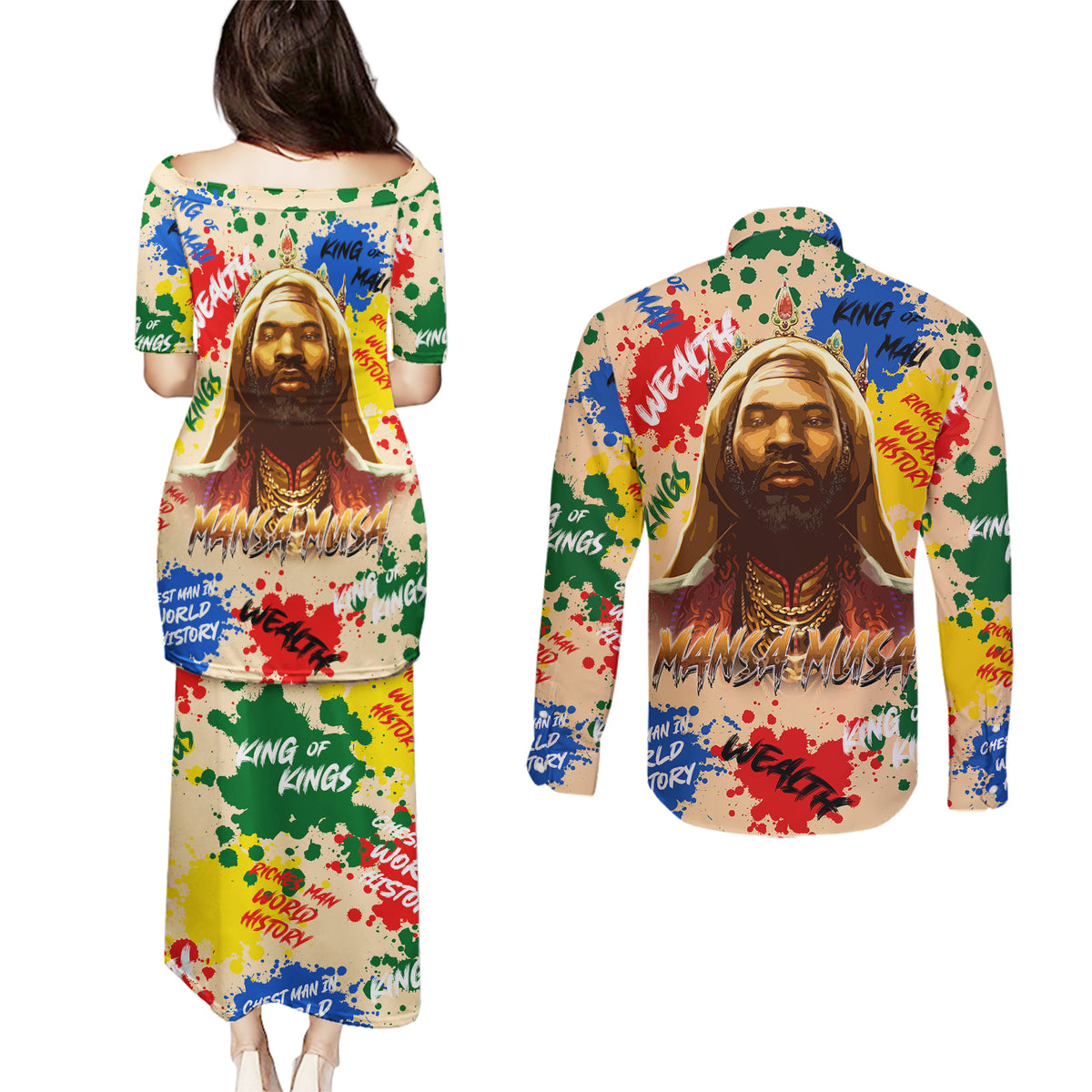 King Of Kings Mansa Musa Couples Matching Puletasi Dress and Long Sleeve Button Shirts - Wonder Print Shop