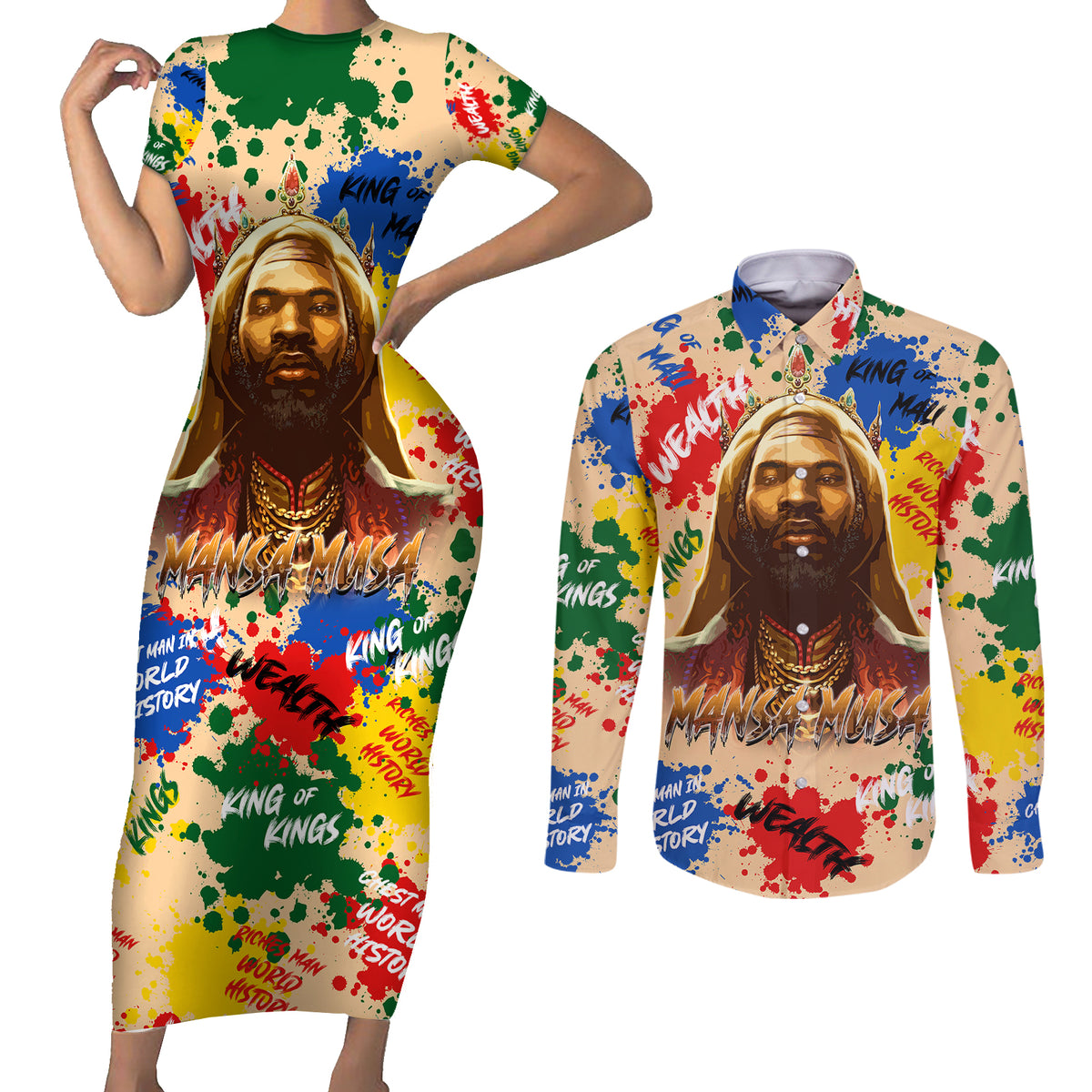 King Of Kings Mansa Musa Couples Matching Short Sleeve Bodycon Dress and Long Sleeve Button Shirts - Wonder Print Shop