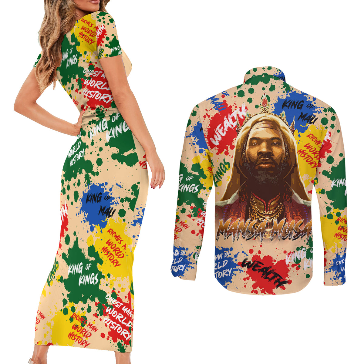 King Of Kings Mansa Musa Couples Matching Short Sleeve Bodycon Dress and Long Sleeve Button Shirts - Wonder Print Shop