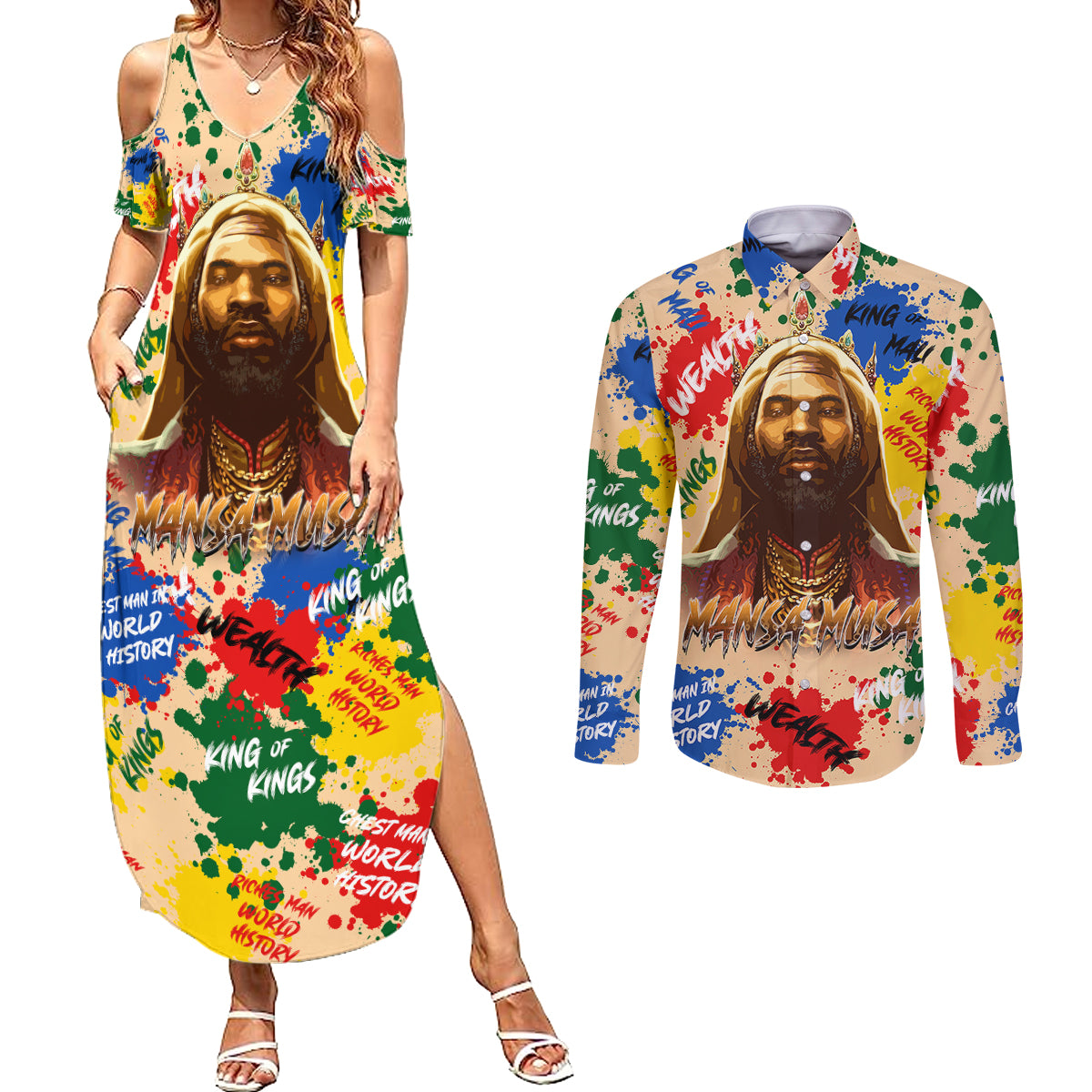 King Of Kings Mansa Musa Couples Matching Summer Maxi Dress and Long Sleeve Button Shirts - Wonder Print Shop