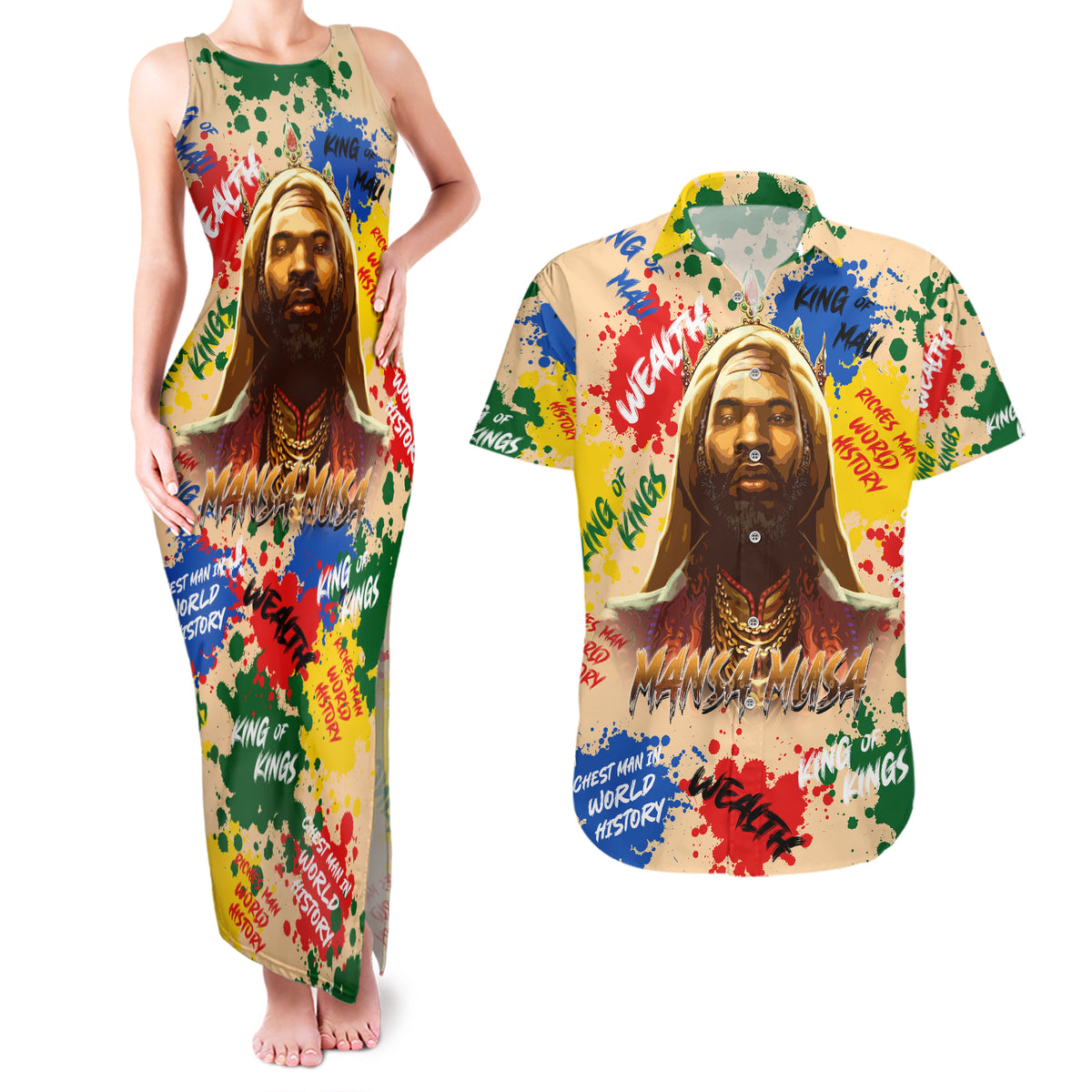 King Of Kings Mansa Musa Couples Matching Tank Maxi Dress and Hawaiian Shirt - Wonder Print Shop