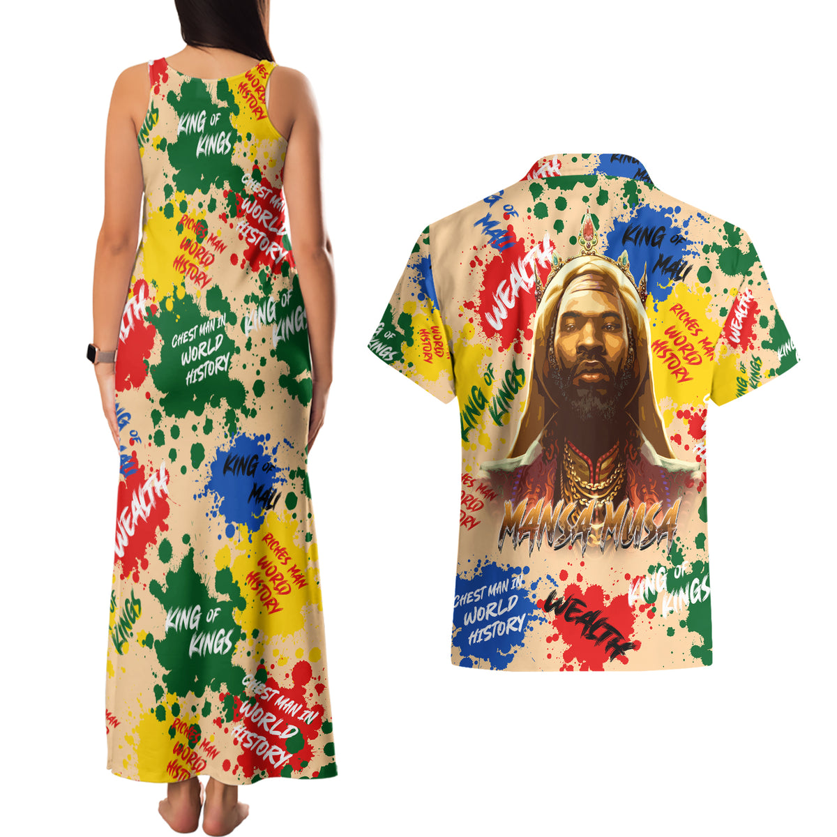 King Of Kings Mansa Musa Couples Matching Tank Maxi Dress and Hawaiian Shirt - Wonder Print Shop