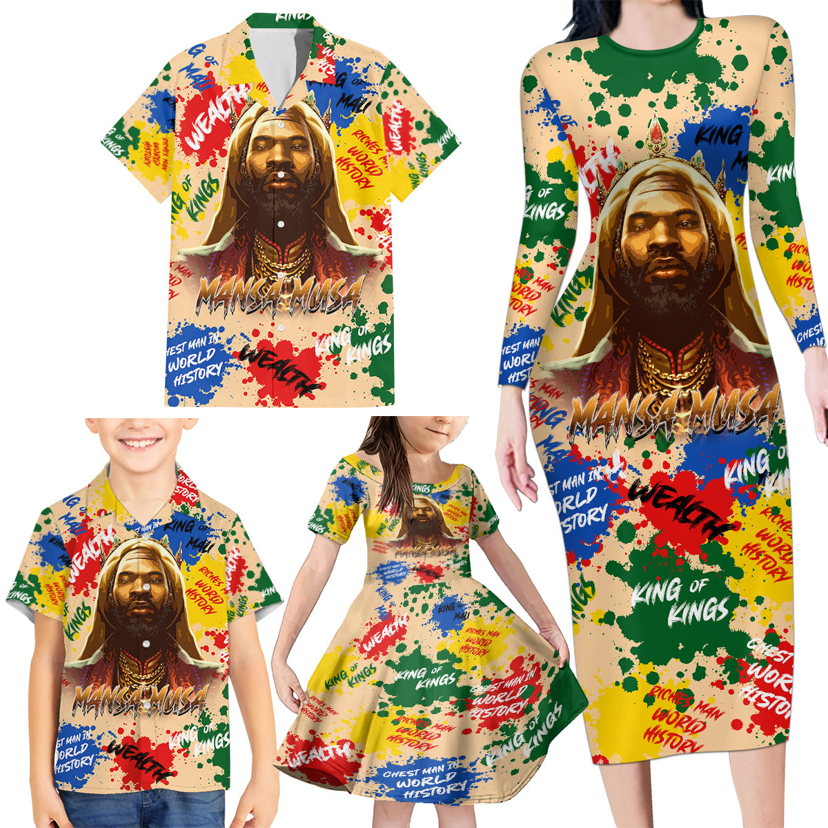 King Of Kings Mansa Musa Family Matching Long Sleeve Bodycon Dress and Hawaiian Shirt - Wonder Print Shop