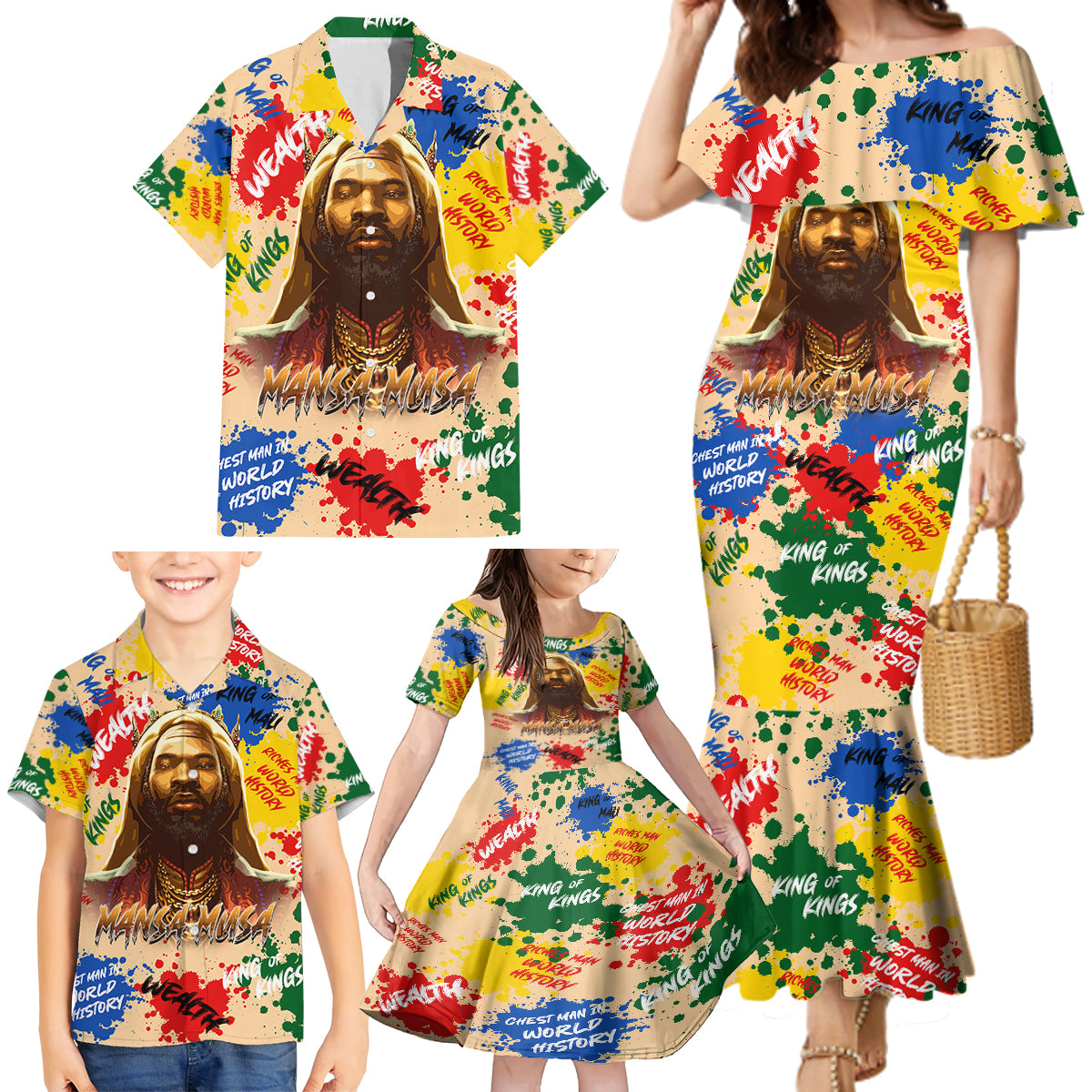 King Of Kings Mansa Musa Family Matching Mermaid Dress and Hawaiian Shirt - Wonder Print Shop