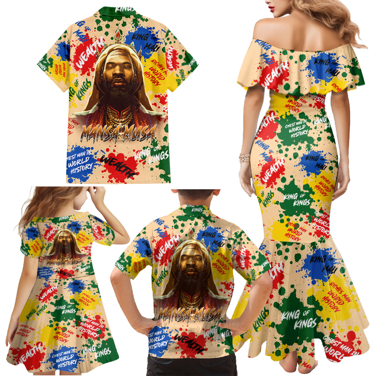 King Of Kings Mansa Musa Family Matching Mermaid Dress and Hawaiian Shirt - Wonder Print Shop