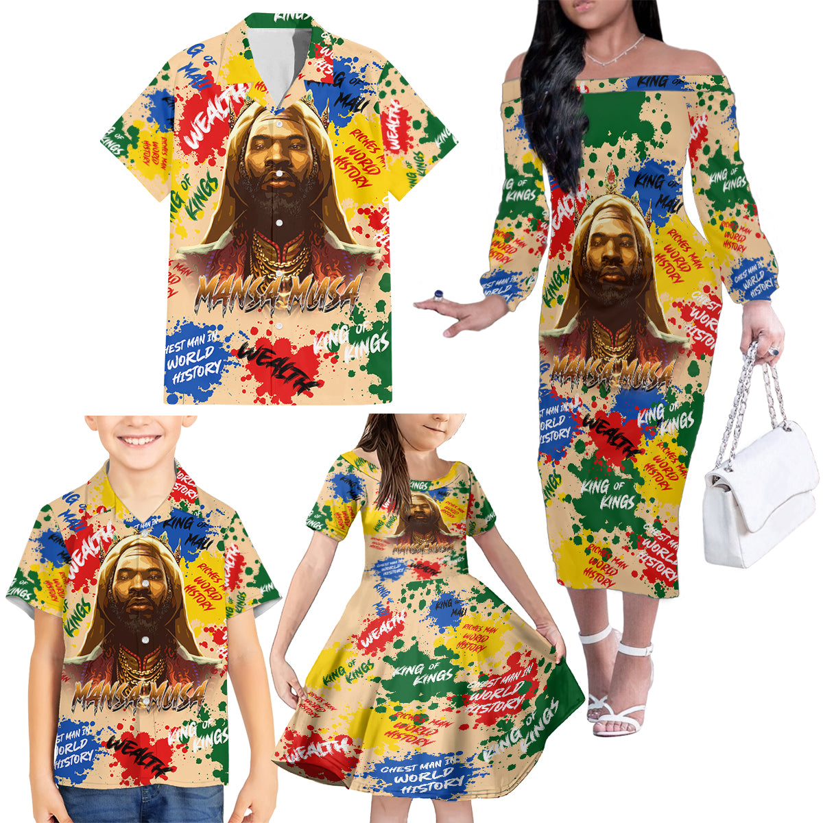 King Of Kings Mansa Musa Family Matching Off Shoulder Long Sleeve Dress and Hawaiian Shirt - Wonder Print Shop