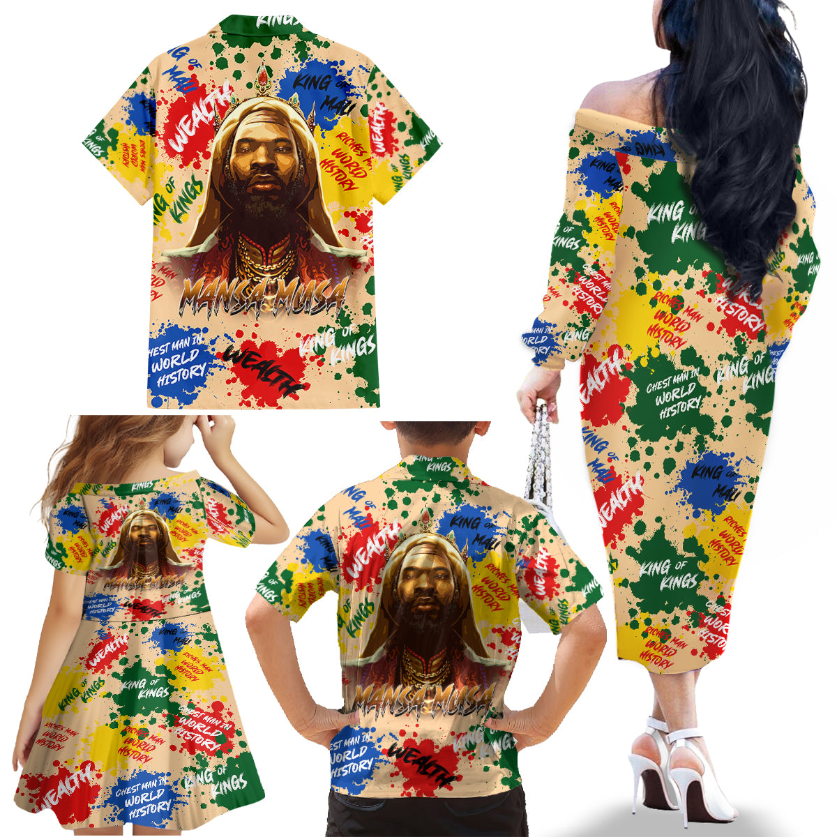 King Of Kings Mansa Musa Family Matching Off Shoulder Long Sleeve Dress and Hawaiian Shirt - Wonder Print Shop
